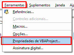 excel, vba, propriedades do projeto