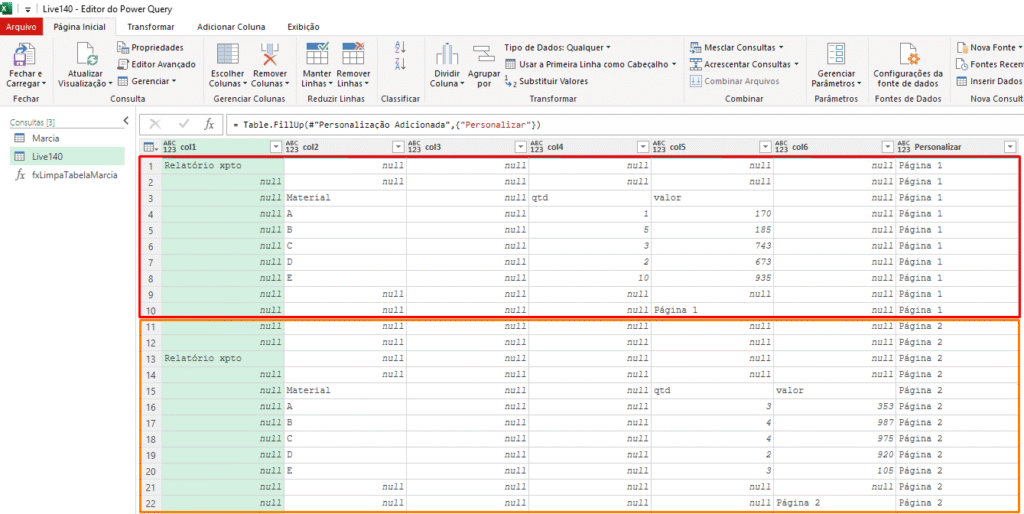 separação de tabela em blocos com o power query