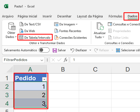 Menu do Excel mostrando como enviar os dados para o Power Query