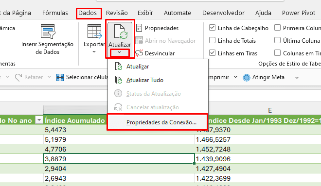 Excel - Botão Propriedades da Conexão