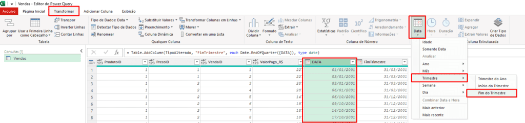 inserir coluna com fim de mes no power query