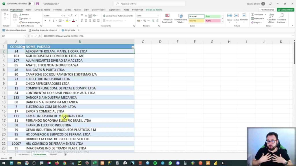 tabela com nomes de fornecedores no excel