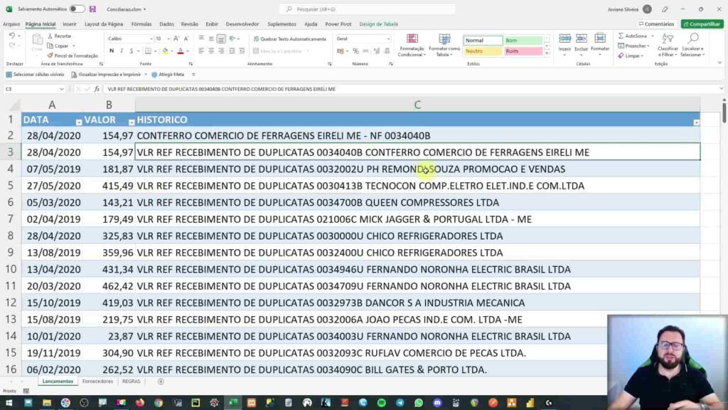 tabela com movimentos contábeis no excel