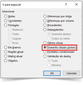 somente células visíveis no excel